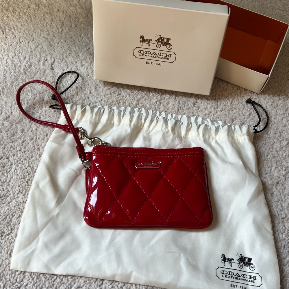 Coach Red Leather Wristlet With Pillow Quilting